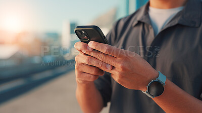 Buy stock photo Man, hands or fitness with phone in city for workout app, tracking performance or chat. Closeup, male person or user browsing with mobile smartphone for exercise routine or schedule on space in town