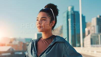 Buy stock photo Break, fitness and thinking with woman in city for recovery from cardio training or running. Exercise, goals and ideas with athlete or runner outdoor in urban town for sports, vision or workout