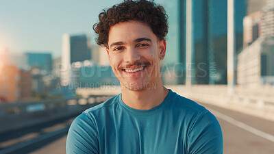 Buy stock photo Happy man, portrait and fitness with confidence in city for workout or outdoor exercise. Active, male person or runner with smile for physical activity, training or health and wellness in urban town