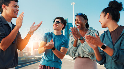 Buy stock photo Happy group, fitness and huddle with applause in city for workout goals, motivation or success. Active, people or friends clapping with smile for teamwork, exercise or achievement in an urban town