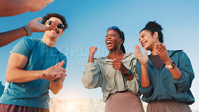 Buy stock photo Runner, group and applause with celebration outdoor for marathon success, workout goals and achievement. Low angle, friends and teamwork support for endurance challenge, running victory and fitness