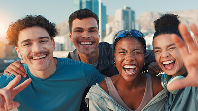 Buy stock photo Happy friends, portrait or fitness with selfie in city for picture, photography or memory together. Active, people or group with smile in joy for capture moment, social media or post in an urban town