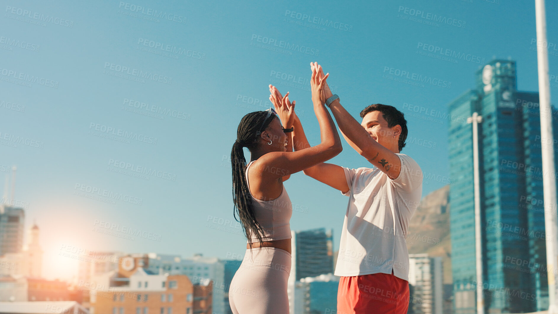 Buy stock photo Runner, couple and high five celebration in city for marathon success, fitness teamwork or achievement. Mockup, interracial people and happy outdoor for cardio challenge, running exercise and support
