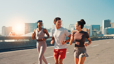 Buy stock photo Happy people, fitness or running in city street for exercise, cardio workout or outdoor training. Active group, friends or runners with smile on road for physical health and wellness in an urban town
