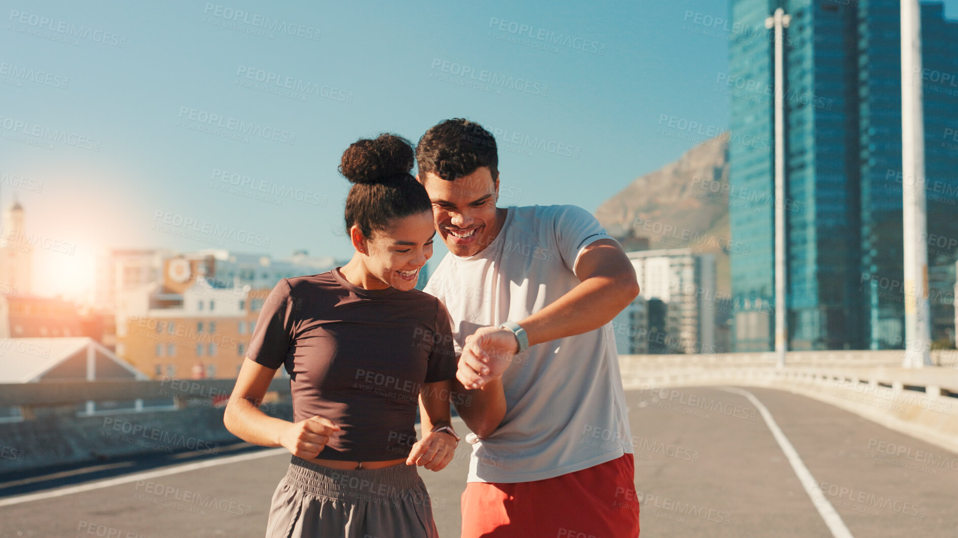 Buy stock photo Happy team, fitness and checking watch with performance tracker for workout results in city street. Man, woman or runners with smile or wristwatch for health, calories or exercise goals in urban town