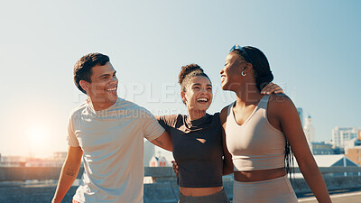 Buy stock photo Fitness, hug and laughing with friends on bridge in city together for sports or training routine. Exercise, funny and walking with group of people outdoor in urban town for cardio or marathon