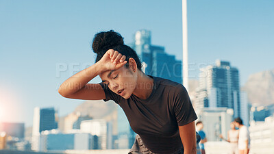 Buy stock photo Tired woman, fitness and city with sweat for workout, intense exercise or cardio training. Active, female person or exhausted runner in fatigue or catching breath for break, rest or recovery in town