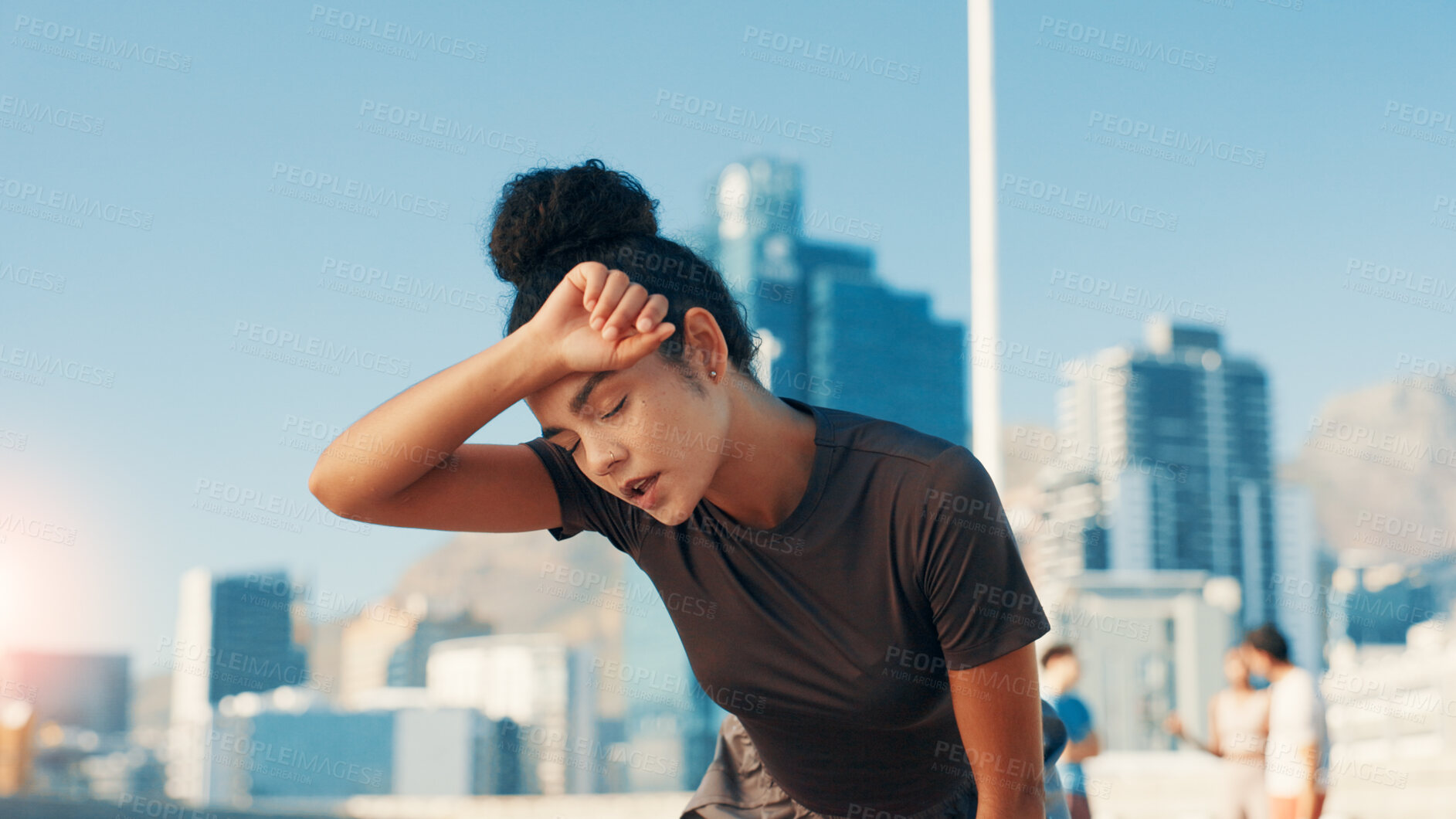 Buy stock photo Tired woman, fitness and city with sweat for workout, intense exercise or cardio training. Active, female person or exhausted runner in fatigue or catching breath for break, rest or recovery in town