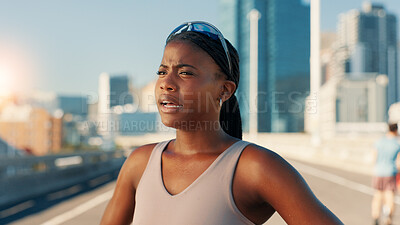 Buy stock photo Breathing, exercise and thinking with black woman in city for break from outdoor cardio training or running. Fatigue, fitness and intense with athlete or runner downtown for sports, vision or workout