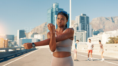 Buy stock photo Fitness, stretching and thinking with woman in city for start of cardio training or running. Exercise, getting ready and warm up with athlete or runner outdoor in urban town for sports or workout