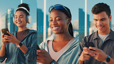 Buy stock photo Montage, fitness or people with smile, smartphone or social media with influencer, training or internet. Group, texting or athlete in city, cellphone or collage with digital app or message to contact