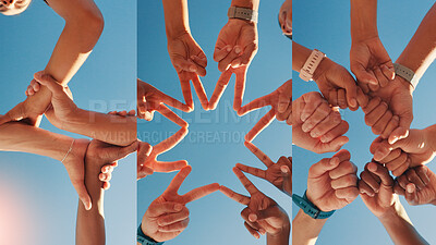 Buy stock photo Blue sky, collage and below of hands with friends for support, collaboration or teamwork. Group, low angle and men and women with star, fist bump and huddle for connection, solidarity or bonding