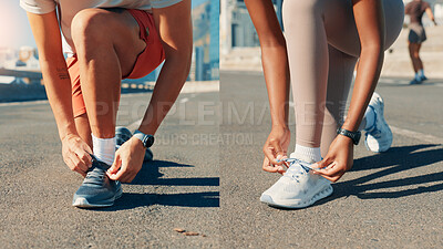 Buy stock photo People, hands or tying shoes in fitness montage for workout preparation, difference or exercise in city. Closeup, collage or runners getting ready with sneakers or tie laces for start, race or sprint