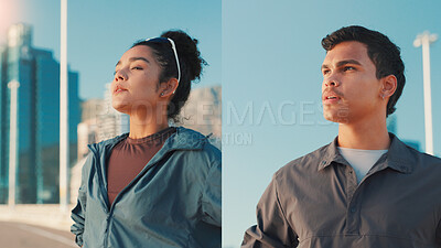 Buy stock photo People, fitness and breathing in collage for workout break, rest or recovery in city street. Man, woman or runners with fresh air in montage for difference, reflection or health and wellness in town