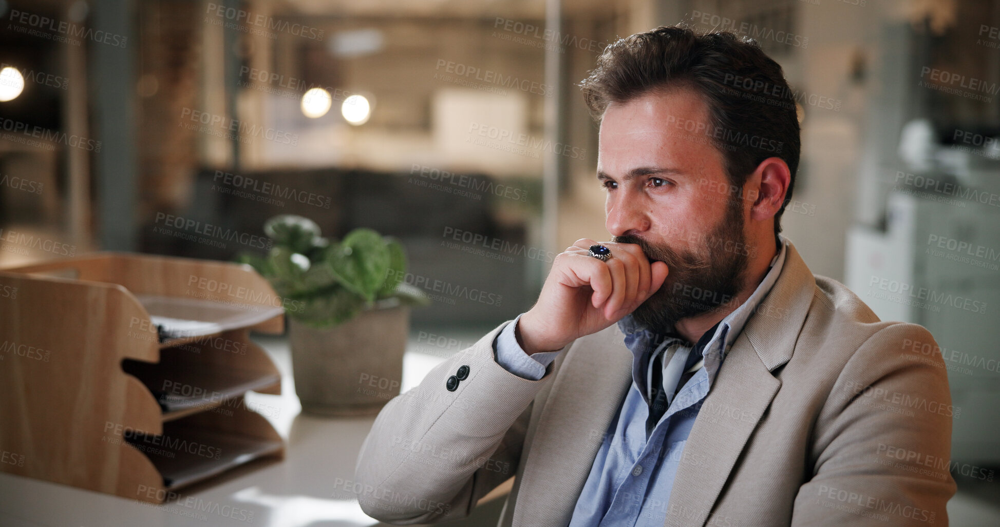 Buy stock photo Office, night and businessman with thinking for solution, finance project or eyes reflection of computer. Late, male person and financial consultant with deadline for problem solving, ideas or review