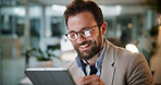 Office, businessman and glasses with tablet for reading, investment review and finance report at night. Late, male person and financial advisor with tech for risk management, budget growth and smile