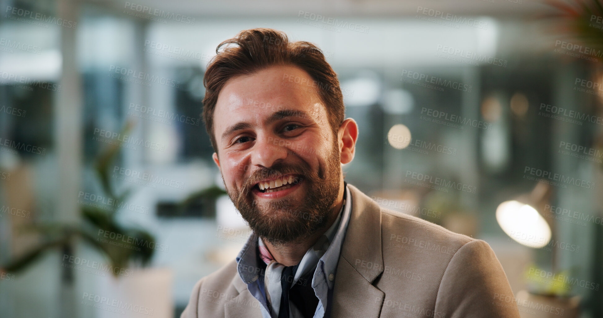 Buy stock photo Happy, night and portrait of businessman in office with confidence for creative career. Smile, professional and face of male magazine editor from Russia with pride for journalism in workplace.