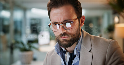 Buy stock photo Man, glasses and reading on tablet in office for research, financial feedback or audit deadline at night. person, reflection and online for finance report, information and risk management of overtime