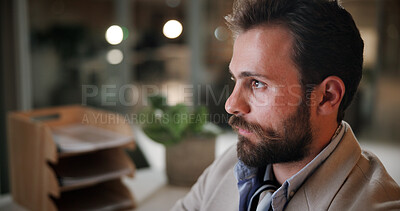 Buy stock photo Business, man and reading in office at night for administration, financial report and information. Serious, male person and reflection of computer for budget update, review feedback and working late