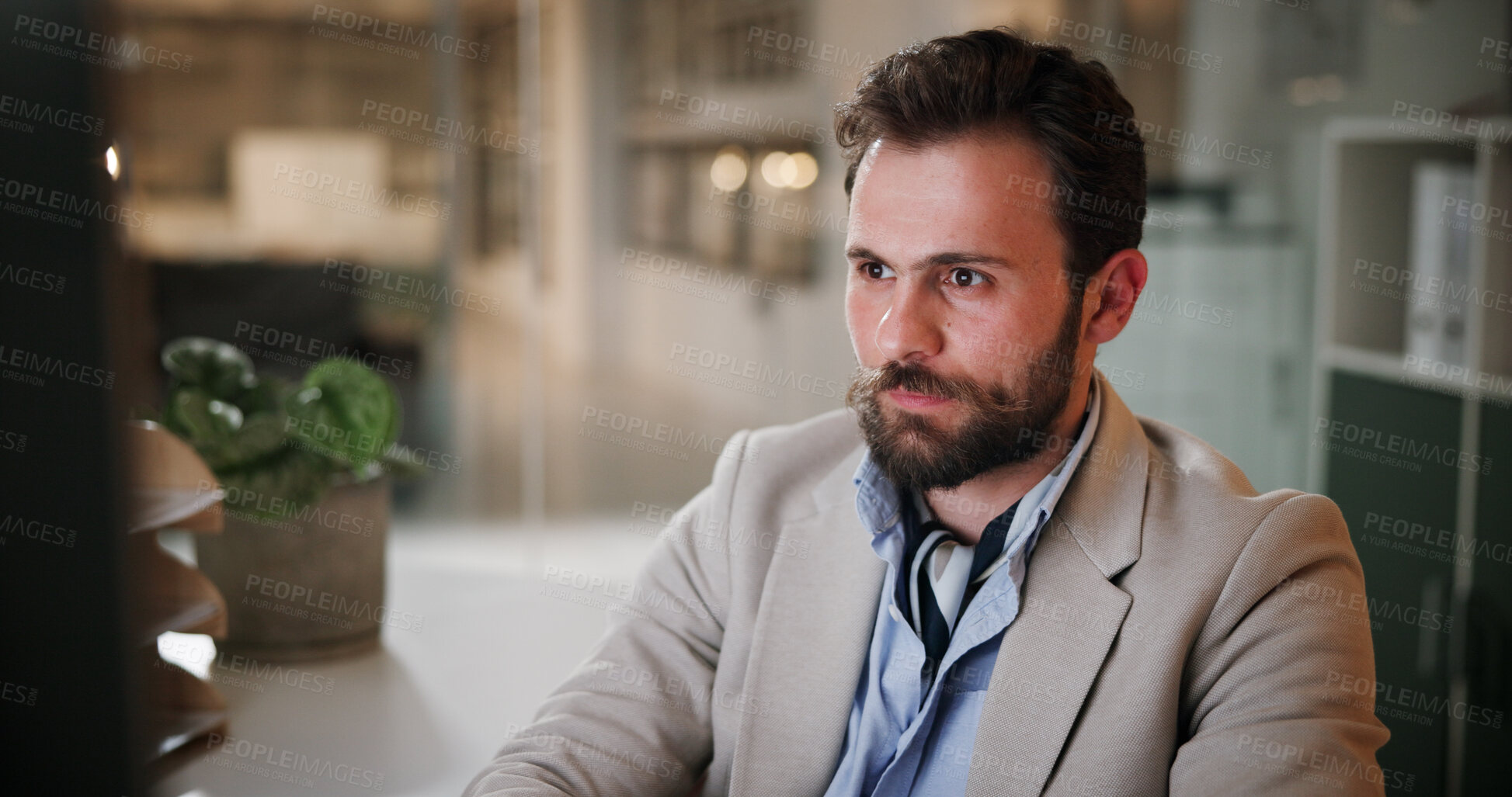 Buy stock photo Office, businessman and thinking with computer for reading, news information and blog post at night. Late, male person and copywriter with digital for research, article website and story for deadline