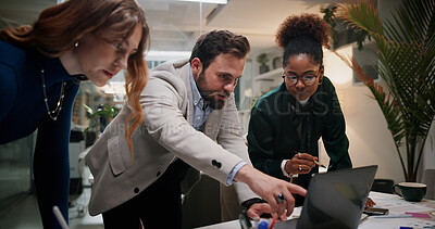 Buy stock photo Speaking, project and business people on laptop for planning, collaboration and investment news. Night, pointing and financial advisor in overtime for teamwork, accounting budget or risk management