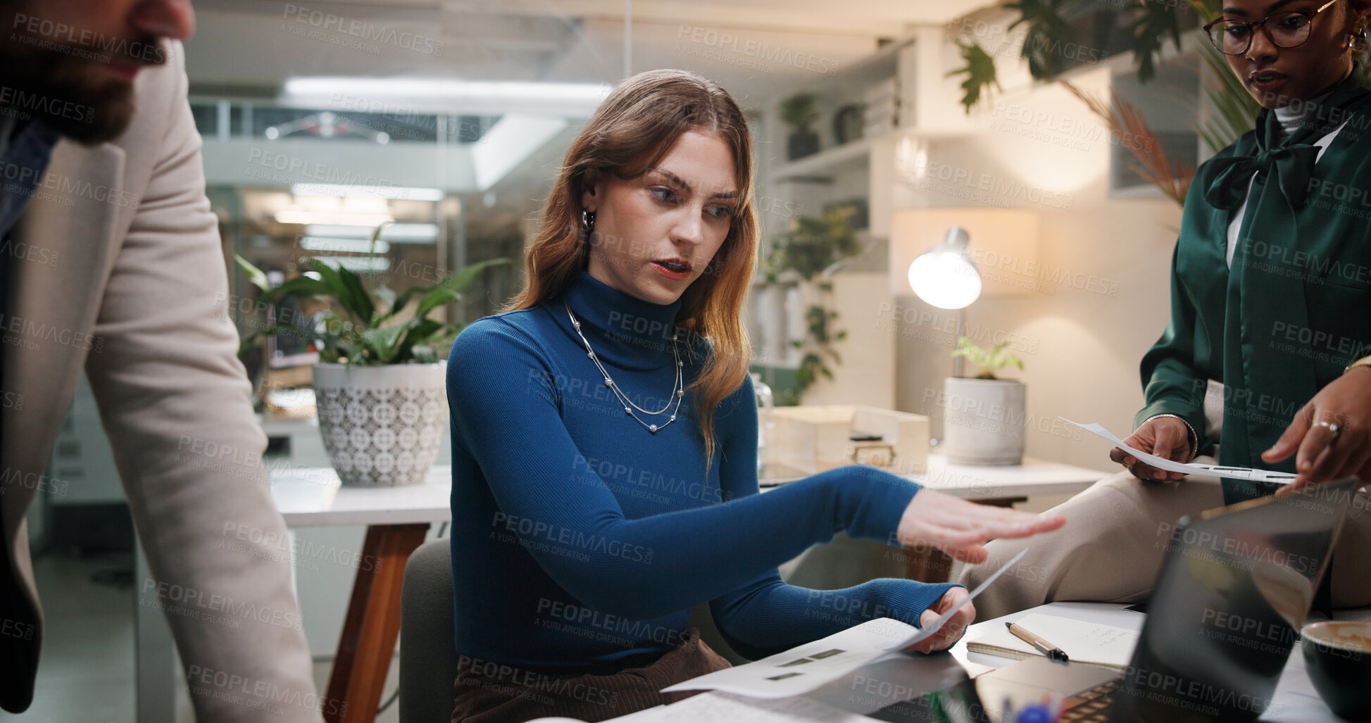 Buy stock photo Business people, group or talking with laptop for meeting, planning or journalist brainstorming at night. Team, late feedback or collaboration with manager for news, paper or creative idea in office