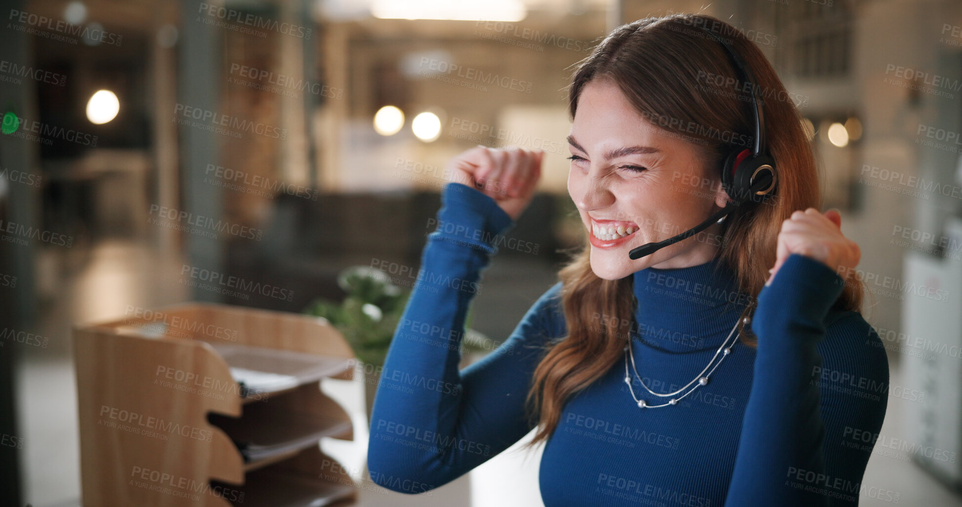 Buy stock photo Happy woman, consultant and night with headset for winning, bonus or promotion at call center office. Excited, female person or agent working late with smile or fist pump for success at workplace