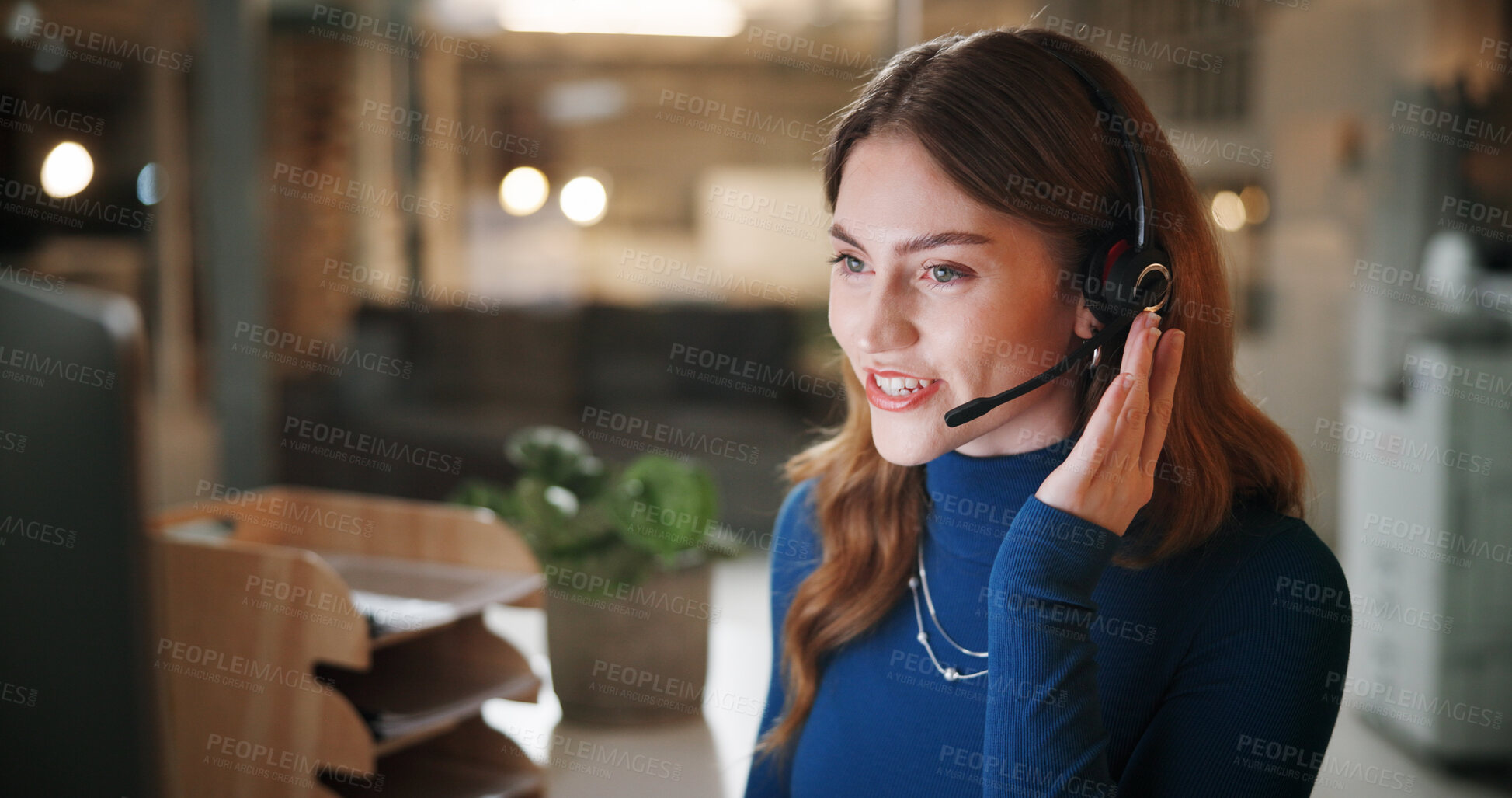 Buy stock photo Woman, talk and computer in call centre at night for contact us, online assistance and advice. Smile, agent and headset for consultation, customer service and feedback of technical guide for overtime