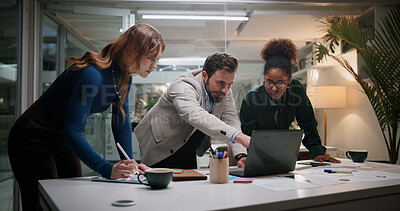 Buy stock photo Leader, project and business people on laptop for planning, collaboration and investment news. Manager, night and financial advisor pointing in meeting for teamwork, accounting or risk management