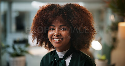 Buy stock photo Happy, night and portrait of businesswoman in office with confidence for creative career. Smile, journalism and face of African female magazine editor with pride for publishing project in workplace.