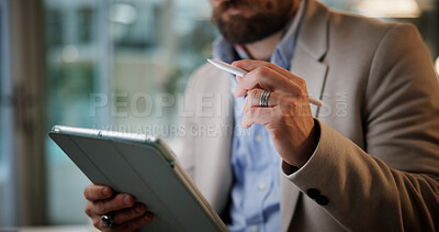 Buy stock photo Business man, hands and tablet in office for reading funding request, investment deal and proposal feedback. Financial analyst, online report and digital checklist with stylus for contract compliance