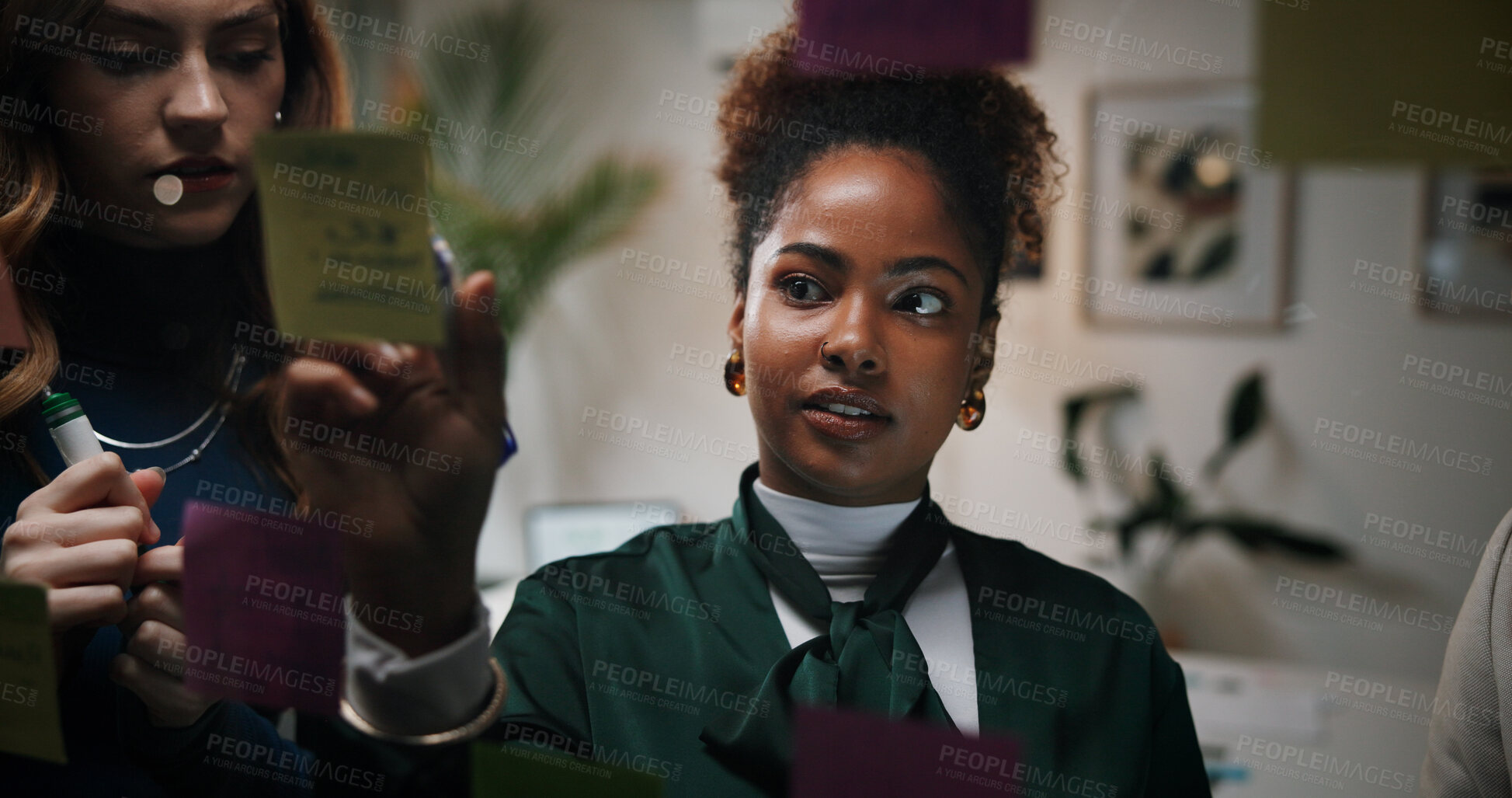 Buy stock photo Brainstorming, team and writing of ideas, meeting or colleagues with vision for marketing strategy. Serious, planning and people with notes for collaboration, brand strategist or discussion in office