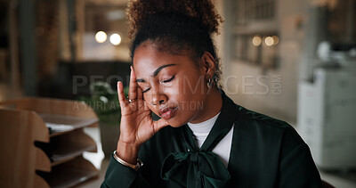 Buy stock photo Headache, fatigue and businesswoman in office at night with stress, exhaustion and burnout for deadline. Mistake, overworked and female creative editor with migraine for publishing at magazine agency