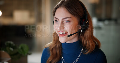 Buy stock photo Happy, woman and headset in call centre at night for contact us, online assistance and advice. Smile, agent and  or mic for consultation, customer service and feedback for technical guide of overtime