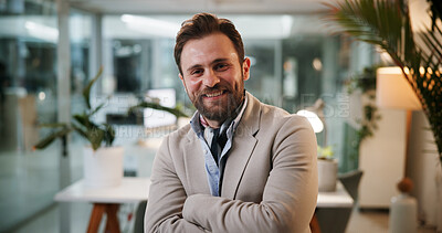 Buy stock photo Crossed arms, night and portrait of businessman in office with confidence for creative career. Smile, overtime and professional happy male magazine editor with pride for journalism in workplace.