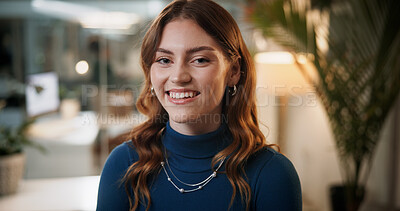 Buy stock photo Happy, night and portrait of businesswoman in office with confidence for creative career. Smile, professional and face of female magazine editor from London with pride for journalism in workplace.