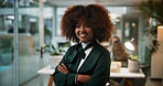 Crossed arms, night and portrait of black woman in office with confidence for creative career. Happy, professional and African female magazine editor with pride for journalism job in workplace.