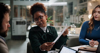 Buy stock photo Business people, paperwork and meeting in office for finance, budget information or planning at night. Admin staff, document and overtime in agency with profit projection, discussion or review offer