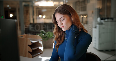 Buy stock photo Business woman, neck pain and night with injury or stress for discomfort or bad posture at office desk. Tired, female person or employee working late with sore shoulder or ache for muscle tension