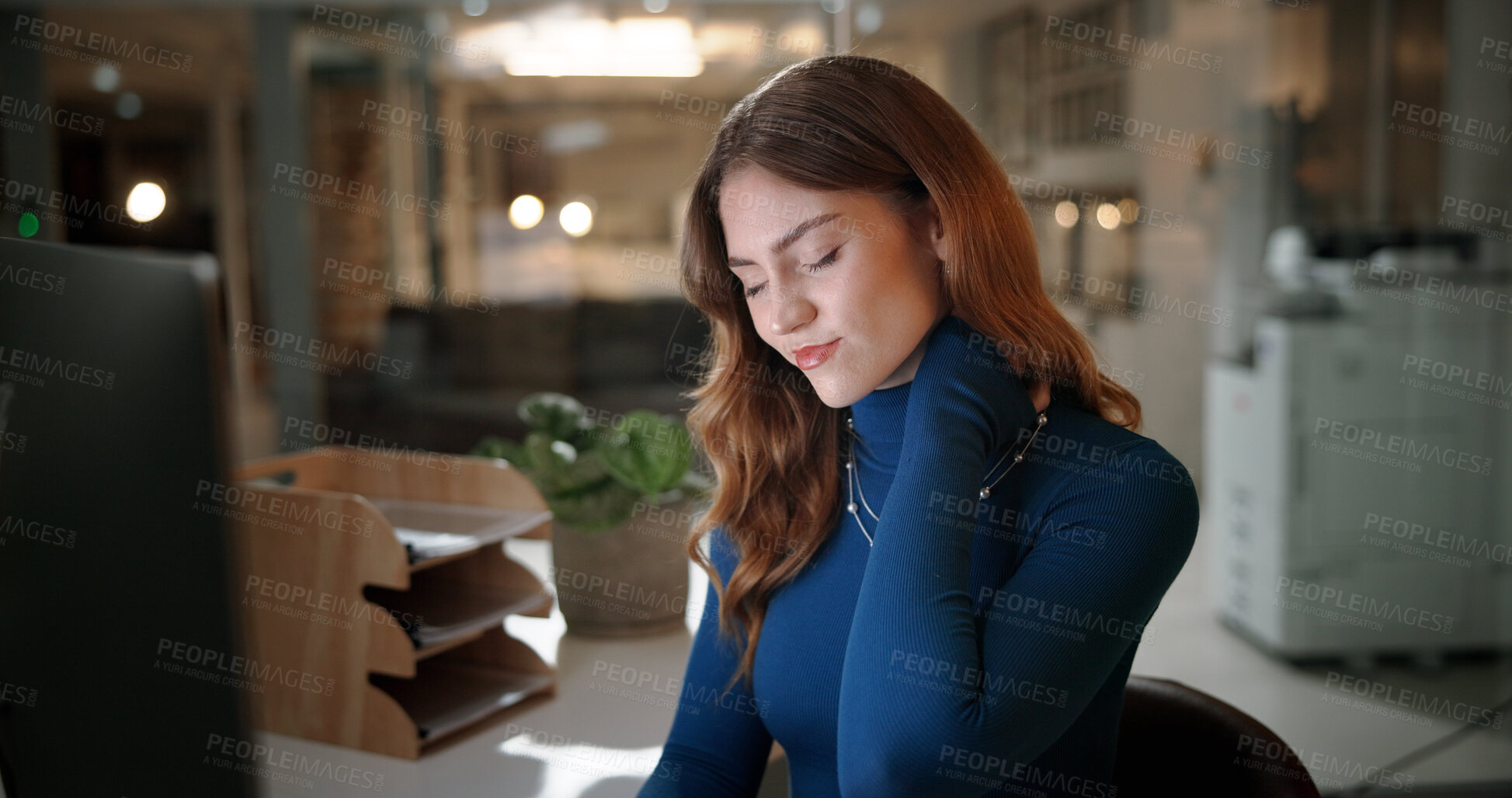Buy stock photo Business woman, neck pain and night with injury or stress for discomfort or bad posture at office desk. Tired, female person or employee working late with sore shoulder or ache for muscle tension