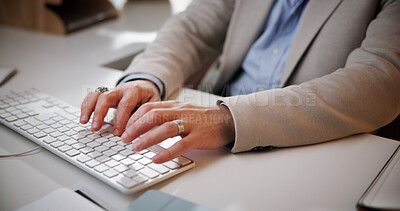 Buy stock photo Research, typing or hands of businessman on keyboard for economic news, taxes review or economy website. Auditor, financial consultant and accountant on computer for budget solution, report or update