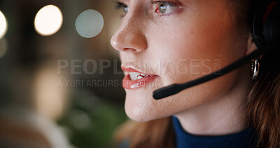 Buy stock photo Woman, agent and talking with mic in call centre at night for contact us, online assistance and advice. Person, headset and pc with instructions of solution, customer service and feedback in overtime