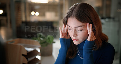 Buy stock photo Business woman, night and headache with stress or anxiety for mental health, overworked or fatigue at office. Female person, employee or working late with migraine or pain for deadline or pressure