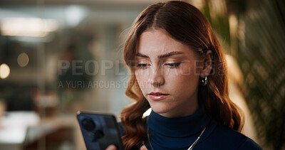 Buy stock photo Night, woman and frown with phone for business, incorrect password and spam notification in office. Employee, overtime stress or mobile in agency with network error, missed email or reading fake news