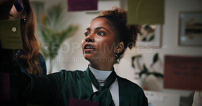 Buy stock photo Brainstorming, colleagues and writing of ideas, office and team with vision for marketing strategy. Business meeting, planning and people with notes for collaboration, brand strategist and discussion