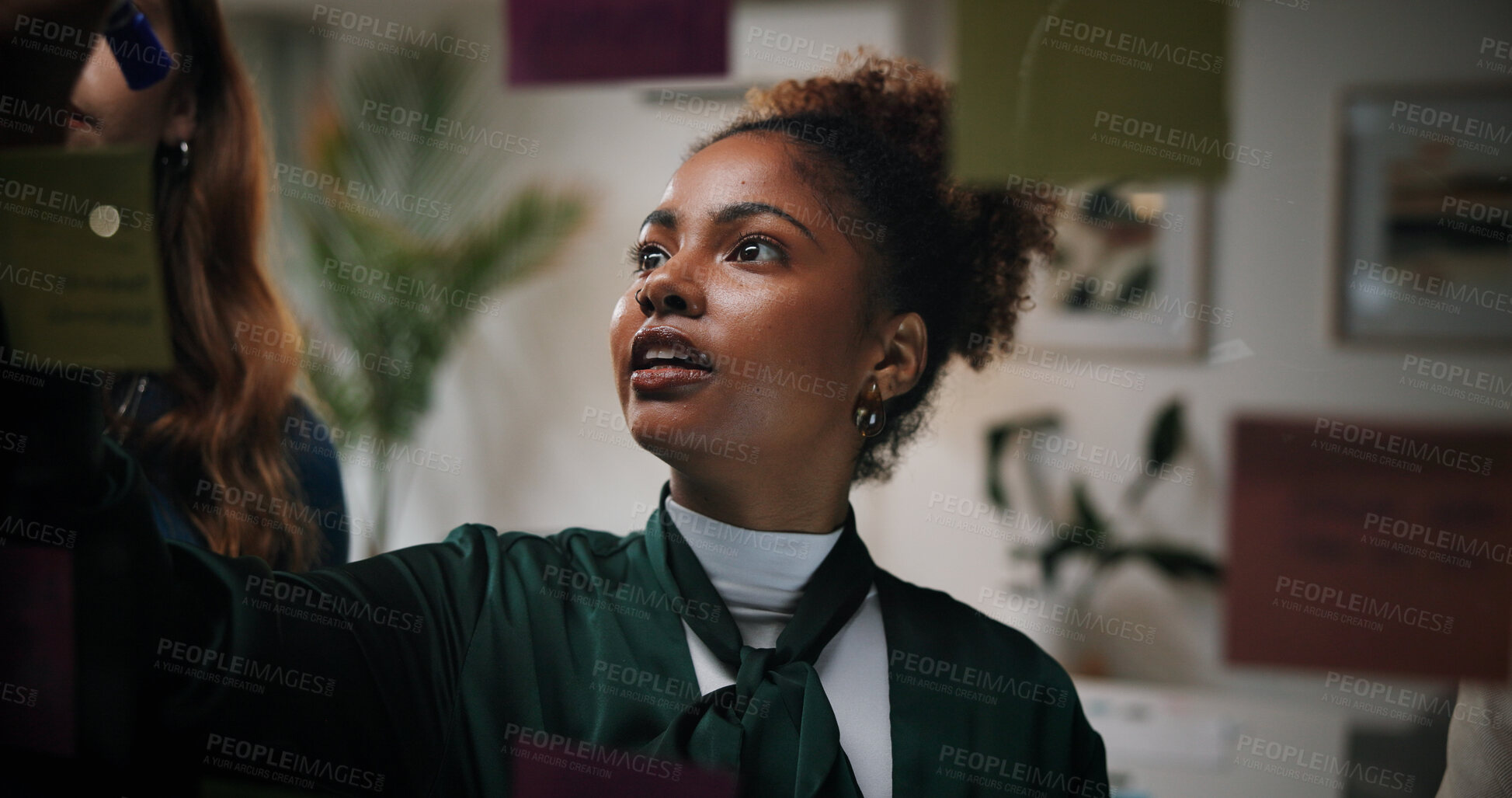 Buy stock photo Brainstorming, colleagues and writing of ideas, office and team with vision for marketing strategy. Business meeting, planning and people with notes for collaboration, brand strategist and discussion