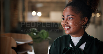 Buy stock photo Smile, business and black woman in office at night for administration, financial report and information. Happy, female person and reflection of computer of budget update, review feedback and overtime