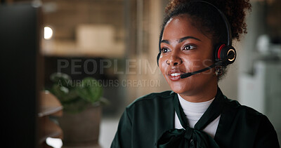 Buy stock photo Black woman, agent and computer in call centre at night for contact us, online assistance and advice. Advisor, headset and pc with instructions for solution, customer service and feedback of overtime