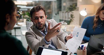 Buy stock photo Businessman, paperwork and meeting in office for finance, budget information or problem solving at night. Admin staff, document and overtime in agency with profit mistake, briefing or review offer