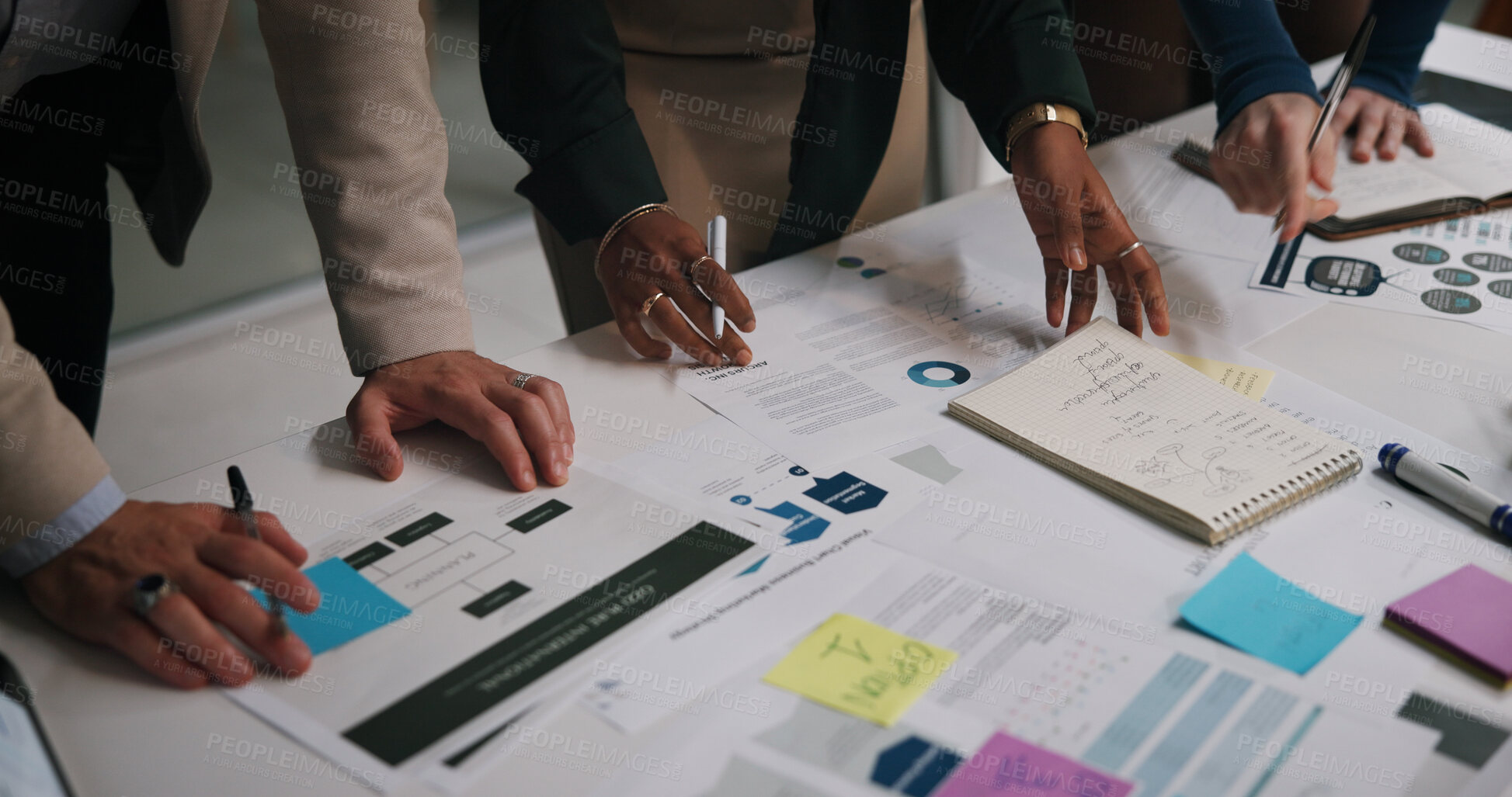 Buy stock photo Above, hands and business people in office with paper, workflow or mindmap for campaign management at night. Company team, workshop or sticky notes in workplace with documents, planning or late tasks